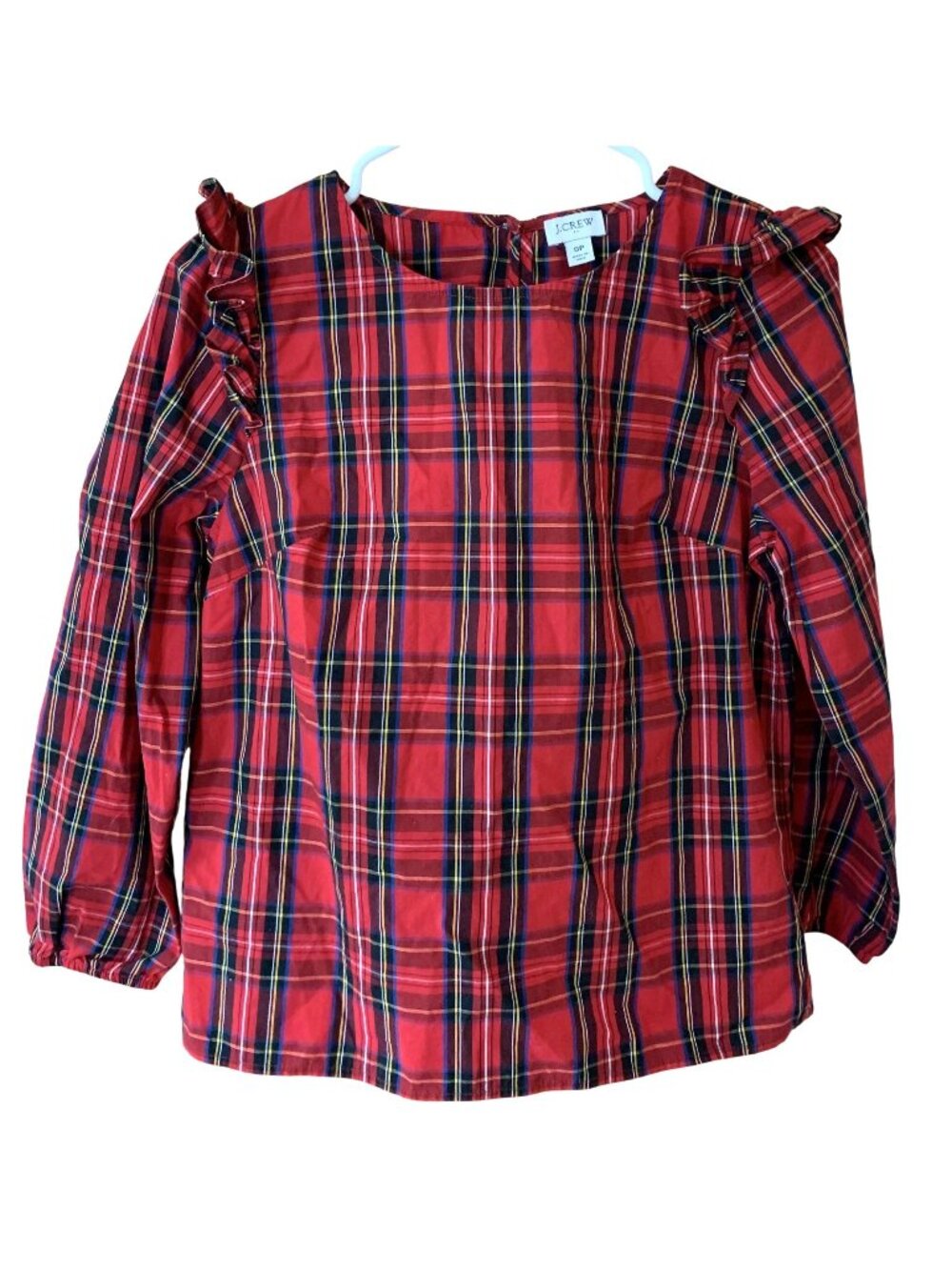 J.Crew SP Red Tartan Plaid Ruffle Shoulder Blouse Shirt Cotton Preppy Twee